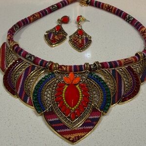 Bohemian Red Statement Necklace & Earring Set